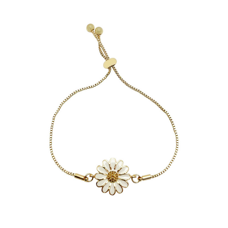 دستبند زنانه استیل طلایی مدل آسانسوری با طرح گل مینا سفید و نگین طلایی – گالری عزیزی