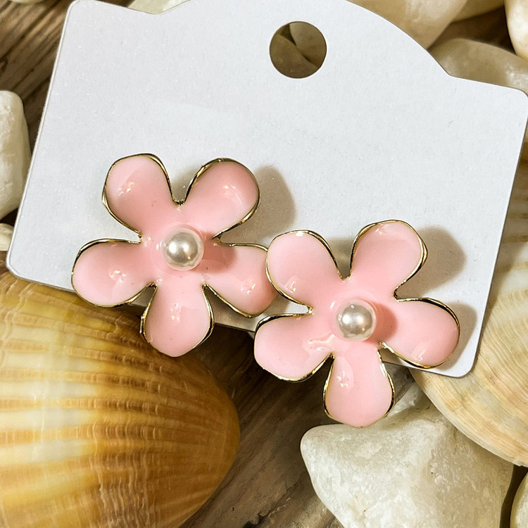 گوشواره گل استیل زنانه صورتی با مروارید مرکزی